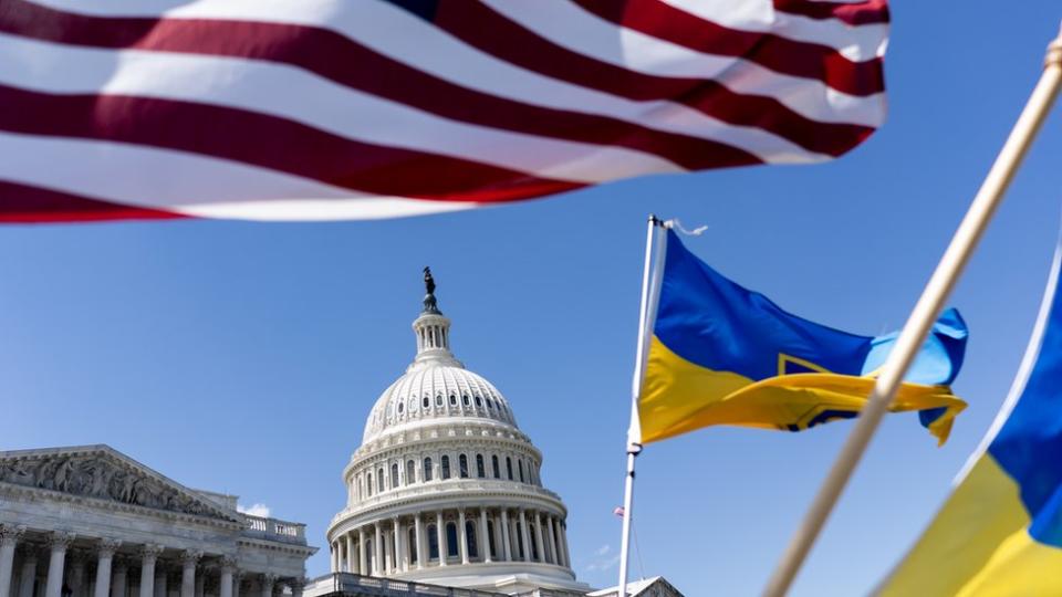 American and Ukrainian flags fly near the U.S. Capitol on April 20, 2024 in Washington, DC. The House is passed a $95 billion foreign aid package today for Ukraine, Israel and Taiwan.