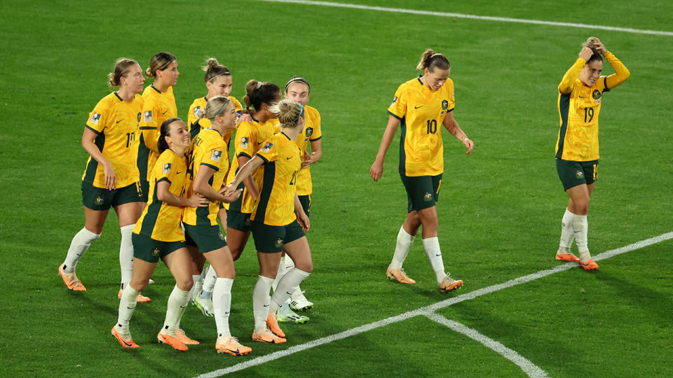 The Matildas celebrate after their 4-0 win over Denmark at the Women's World Cup.