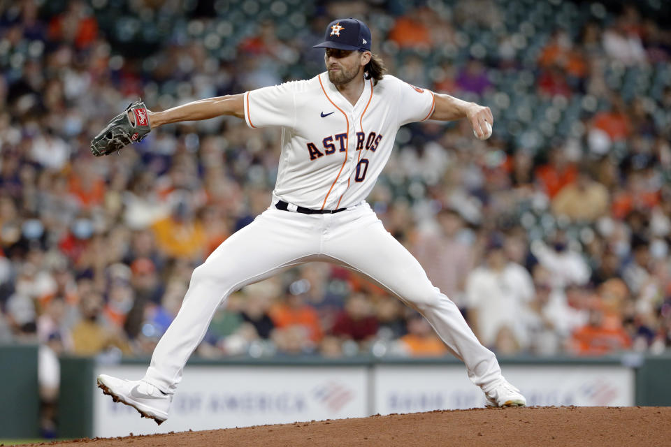 Houston Astros substitute pitcher Kent Emanuel, coming in for injured Jake Odorizzi, throws against the Los Angeles Angels during the first inning of a baseball game Saturday, April 24, 2021, in Houston. (AP Photo/Michael Wyke)