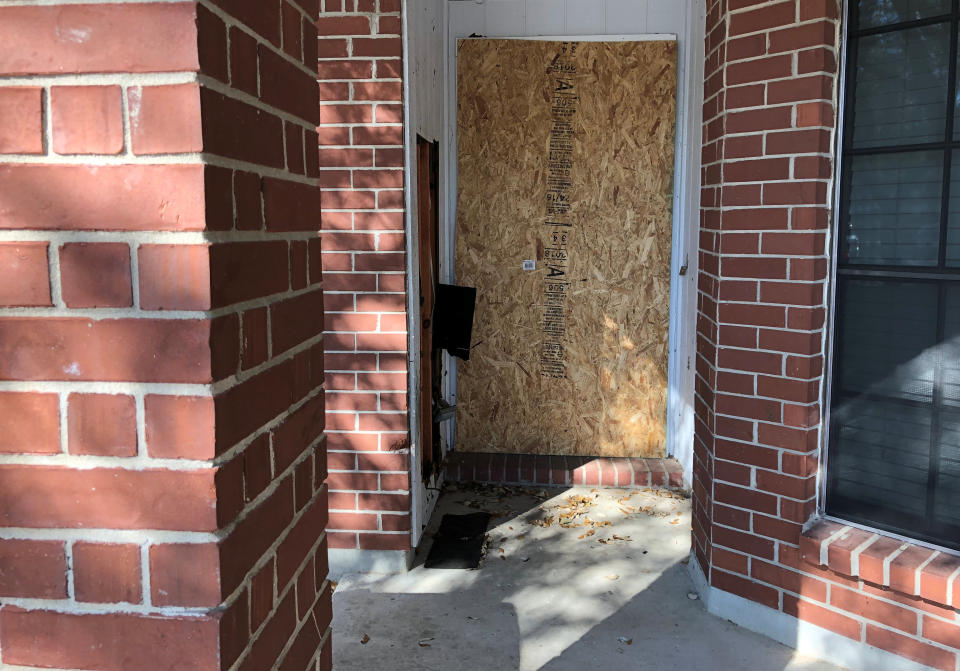 The doorway of a home that was hit with a fatal parcel bomb on March 2. (Photo: Jon Herskovitz / Reuters)