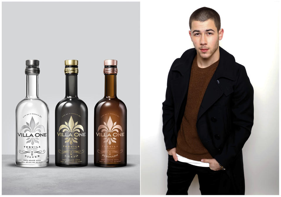 This combination photo shows three types of Villa One tequila, left, and singer-actor Nick Jonas, who co-founded Villa One with fashion designer John Varvatos. (Villa One via AP, left, and AP)