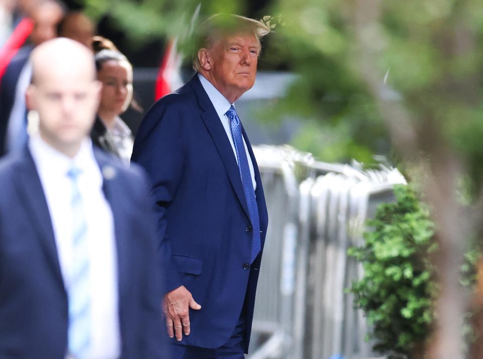 Former US president and Republican presidential candidate Donald Trump leaves Trump Tower to attend his trial for allegedly covering up a hush money payment linked to an extramarital affair in New York on May 9, 2024. X-rated film actress Stormy Daniels is to return to the witness stand on Thursday at Trump's hush money trial for another round of expected tough grilling by an attorney for the former president.