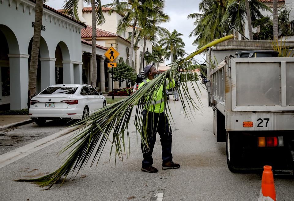A Palm Beach public works employee removes tree debris from Worth Avenue on Sept. 29, 2022, the day after Hurricane Ian made landfall in Southwest Florida before passing through other areas in the state.