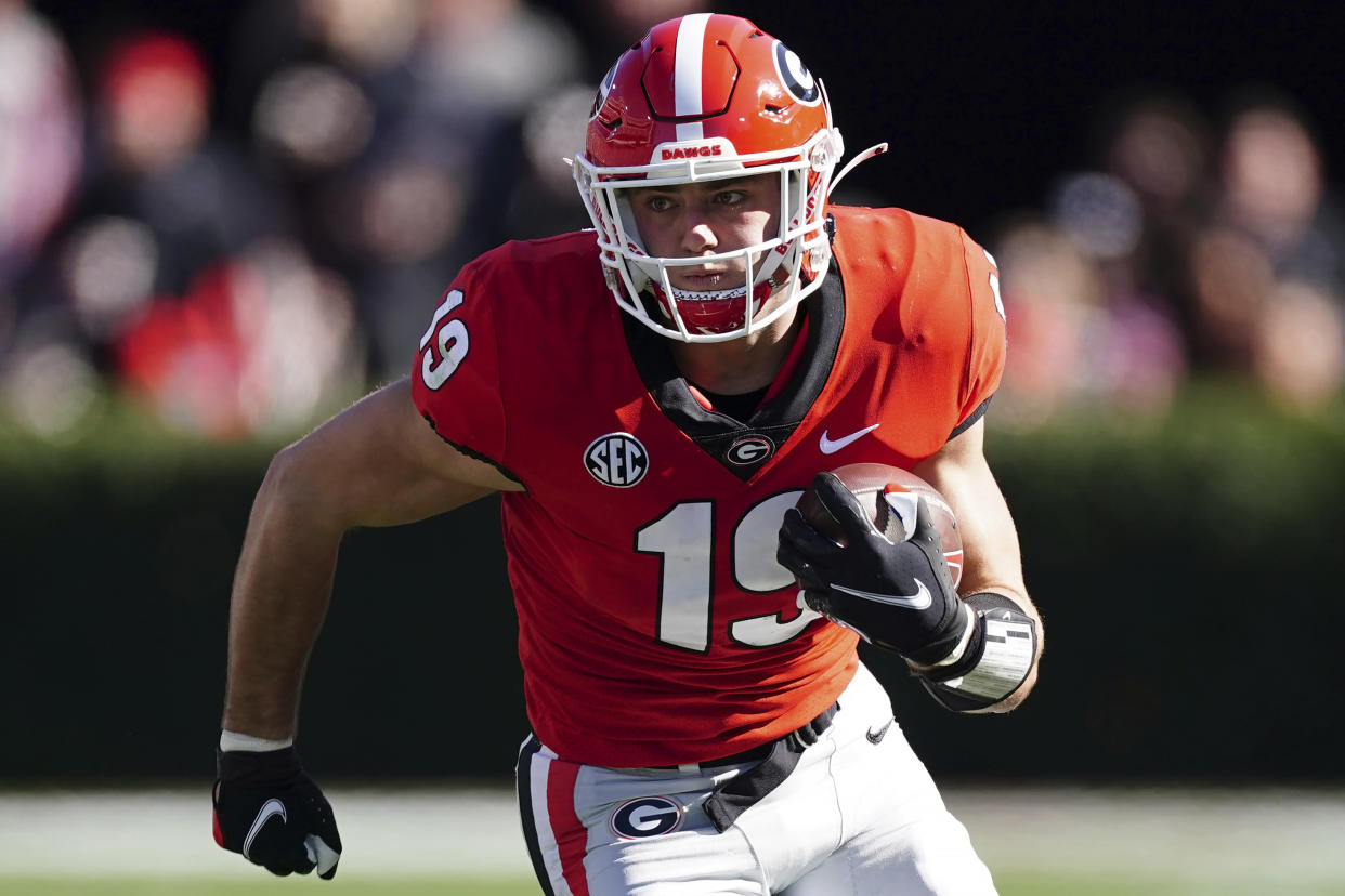 FILE - Georgia tight end Brock Bowers (19) is shown in action against Charleston Southern during an NCAA college football game Saturday, Nov. 20, 2021, in Athens, Ga. Bowers was selected to The Associated Press All-SEC team in results released Wednesday, Dec. 8, 2021. (AP Photo/John Bazemore, File)