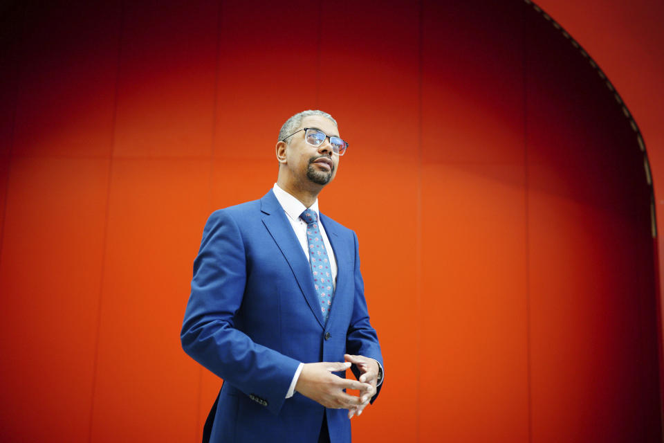 Vaughan Gething poses for a photo, in a lecture hall at Cardiff University, after being elected as the next Welsh Labour leader and First Minister of Wales, in Cardiff, Saturday, March 16, 2024. Gething has won the Welsh Labour Party leadership contest and is set to become the first Black leader of Wales’ semi-autonomous government. Gething, who is currently Welsh economy minister, beat Education Minister Jeremy Miles in a race to replace First Minister Mark Drakeford. (Ben Birchall/PA via AP)