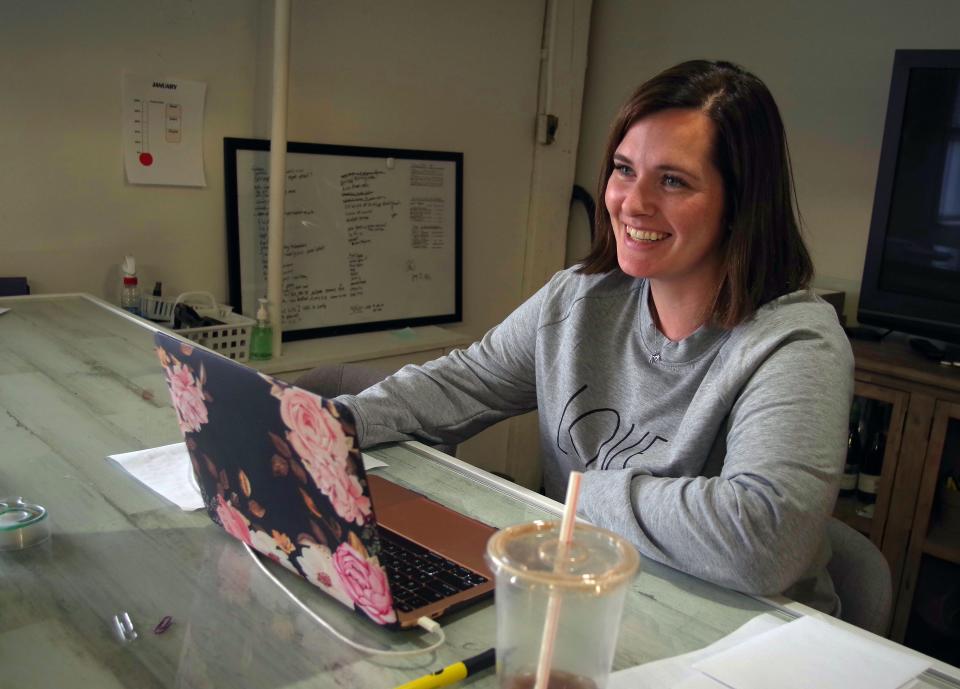 Wandering Heart co-founder Amanda Durante of Bridgewater puts in some office work at Wandering Heart on Liberty Street in Rockland on Wednesday, Jan. 19, 2022.