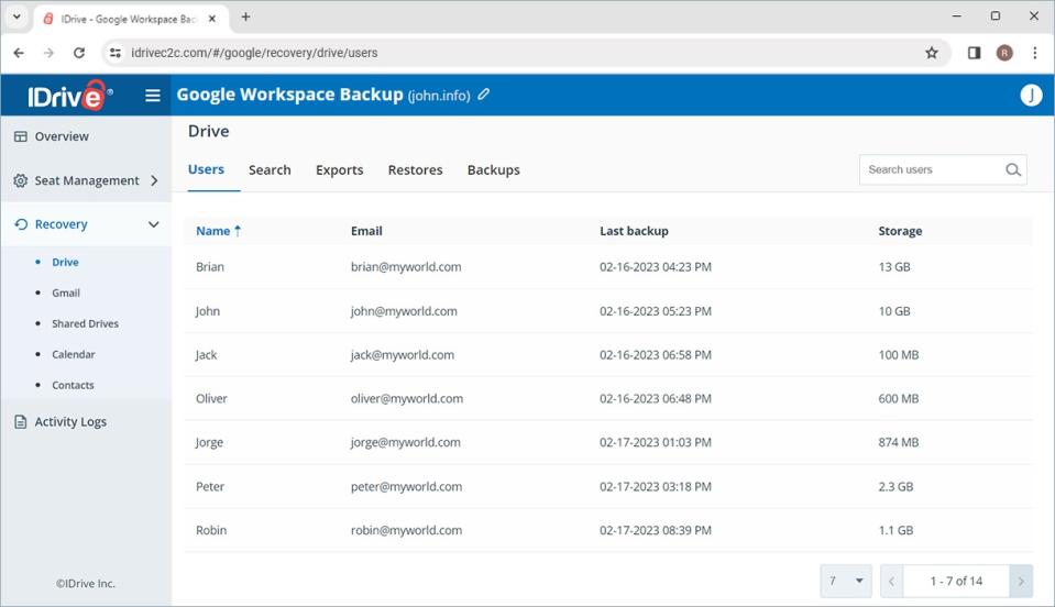 iDrive Backup monitoring screen