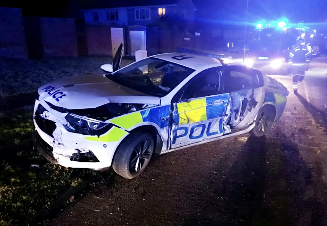 Damage to police vehicle caused by Paul Neelan. (SWNS)