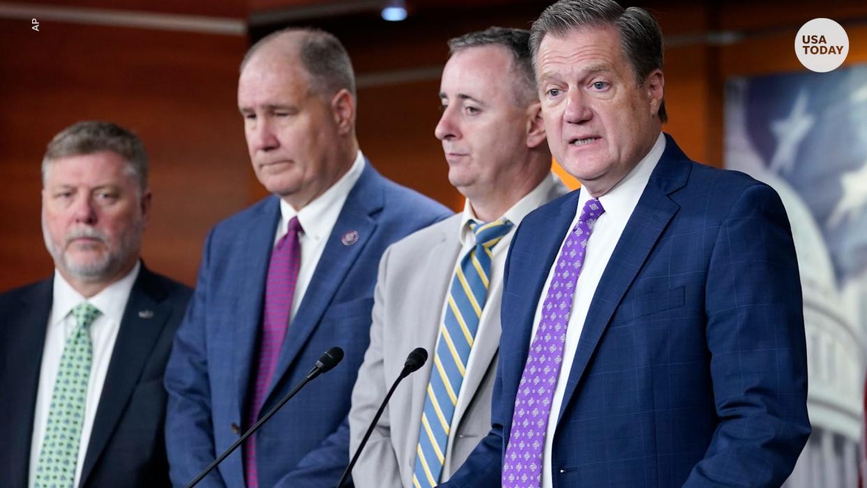 House Intelligence Committee ranking member Rep Mike Turner, R-Ohio, second from right, speaks during a news conference on Capitol Hill in Washington, Friday, Aug. 12, 2022, on the FBI serving a search warrant at former President Donald Trump's home in Florida.Turner is joined by, from left, Rep. Rick Crawford, R-Ark., Rep. Trent Kelly, R-Miss., Rep. Brian Fitzpatrick, R-Pa., and Rep. Elise Stefanik, R-N.Y. (AP Photo/Susan Walsh)