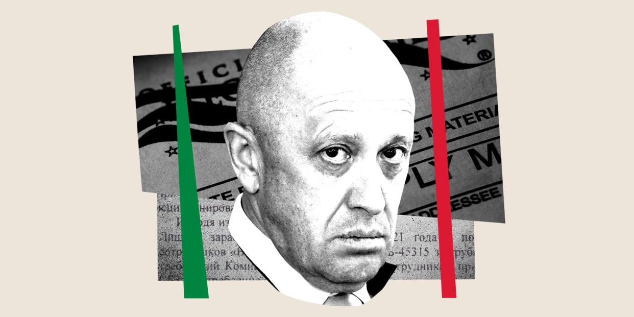 a photo collage featuring the image of Yevgeny Prigozhin with background elements from an US voting application and the colors of the Mexican flag