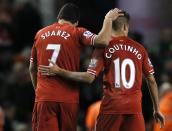 Liverpool's Luis Suarez (L) and Philippe Coutinho embrace following their English Premier League soccer match against Fulham at Anfield in Liverpool, northern England November 9, 2013.
