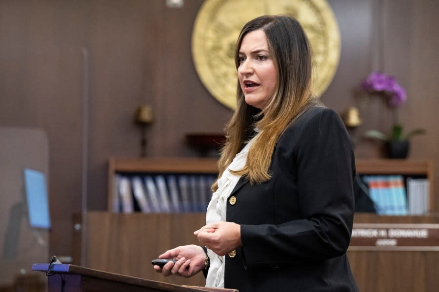 SANTA ANA, CA - November 28: Senior Deputy District Attorney Jennifer Walker gives her opening statement in Orange County Superior Court in Santa Ana, CA on Tuesday, November 28, 2023. Eric Scott Sills is on trial for the death of his wife, Susann Sills. (Photo by Paul Bersebach/MediaNews Group/Orange County Register via Getty Images)