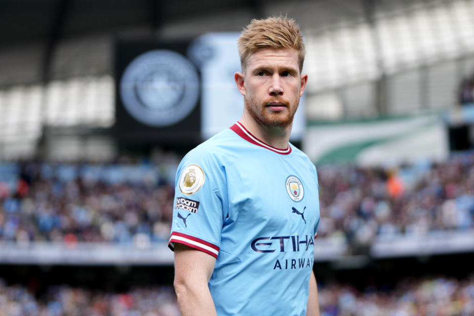 Kevin De Bruyne of Manchester City looks on during the Premier League match between Manchester City and Southampton FC at Etihad Stadium on October 08, 2022 in Manchester, England.