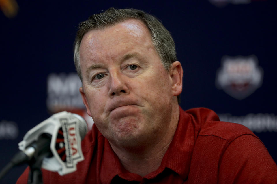 USA Swimming CEO Tim Hinchey attends a news conference at the U.S. national championships swimming meet Wednesday, July 25, 2018, in Irvine, Calif.