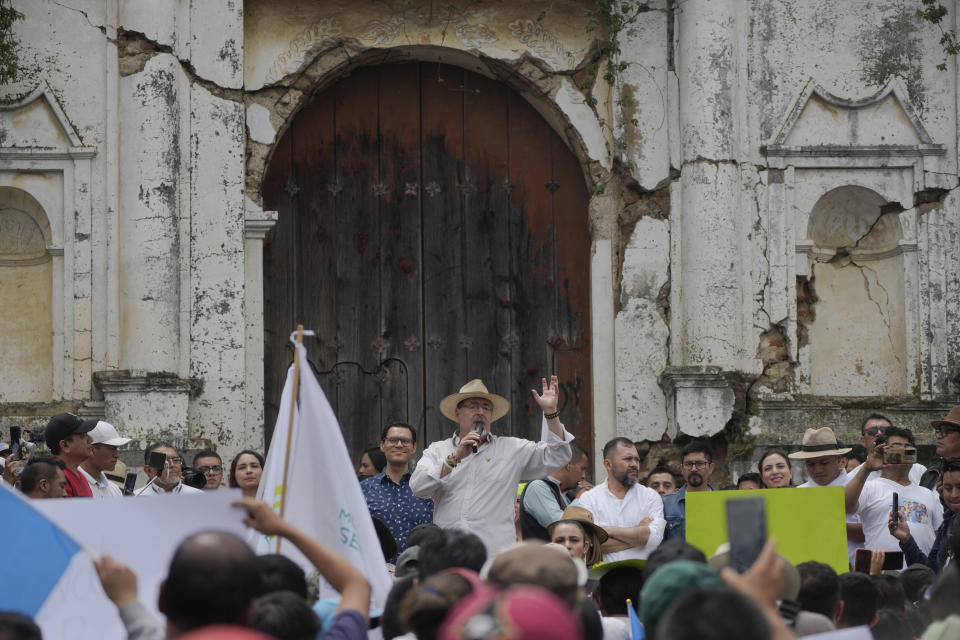 FILE - Seed Movement presidential candidate Bernardo Arevalo speaks during a campaign rally in Santa Maria de Jesus, Guatemala, July 16, 2023. Arevalo is seeking to expand his largely urban, youthful base before the Aug. 20th runoff. (AP Photo/Moises Castillo, File)