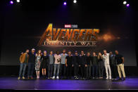 <p>Sebastian Stan (Winter Soldier), Dave Bautista (Drax), Karen Gillan (Nebula), Pom Klementieff (Mantis), Benedict Cumberbatch (Dr. Strange), Chadwick Boseman (Black Panther), Chris Hemsworth (Thor), Josh Brolin (Thanos), Marvel Studios President Kevin Feige, Robert Downey Jr. (Iron Man), Mark Ruffalo (Bruce Banner/Hulk), Tom Holland (Spider-Man), Elizabeth Olsen (Scarlet Witch), Paul Bettany (Vision), Don Cheadle (War Machine), and Anthony Mackie (Falcon) crowd the stage at D23 Expo. (Photo: Disney) </p>