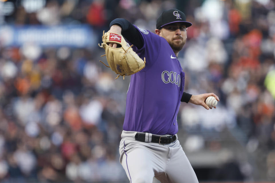 Colorado Rockies Austin Gomber throws to a San Francisco Giants batter during the first inning of a baseball game in San Francisco, Friday, July 7, 2023. (AP Photo/Josie Lepe)