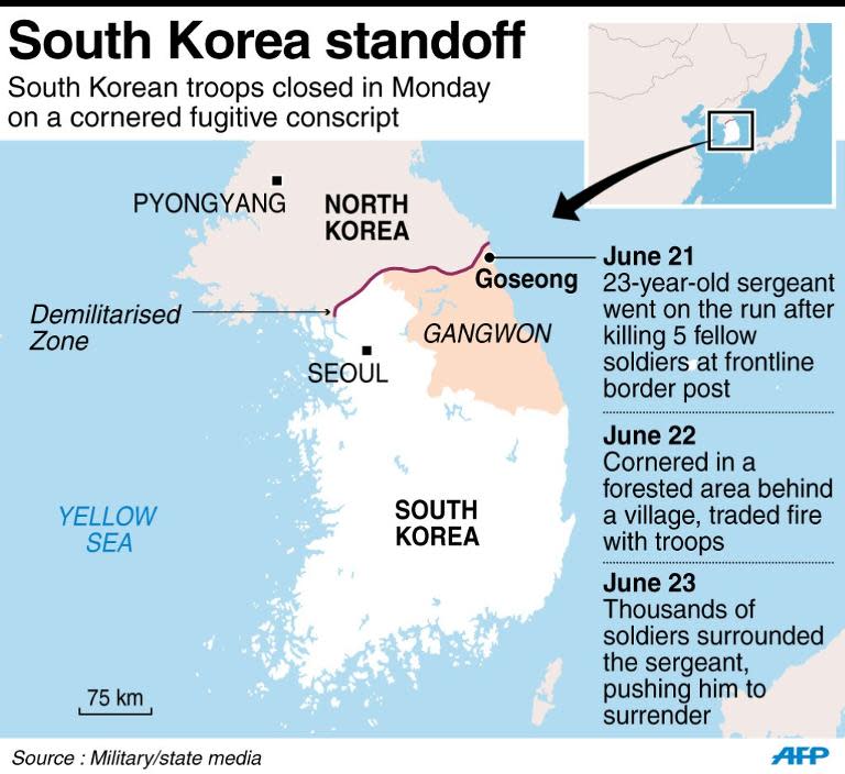 Map of South Korea locating Goseong, where a conscript killed five fellow soldiers at the frontline border post at the weekend