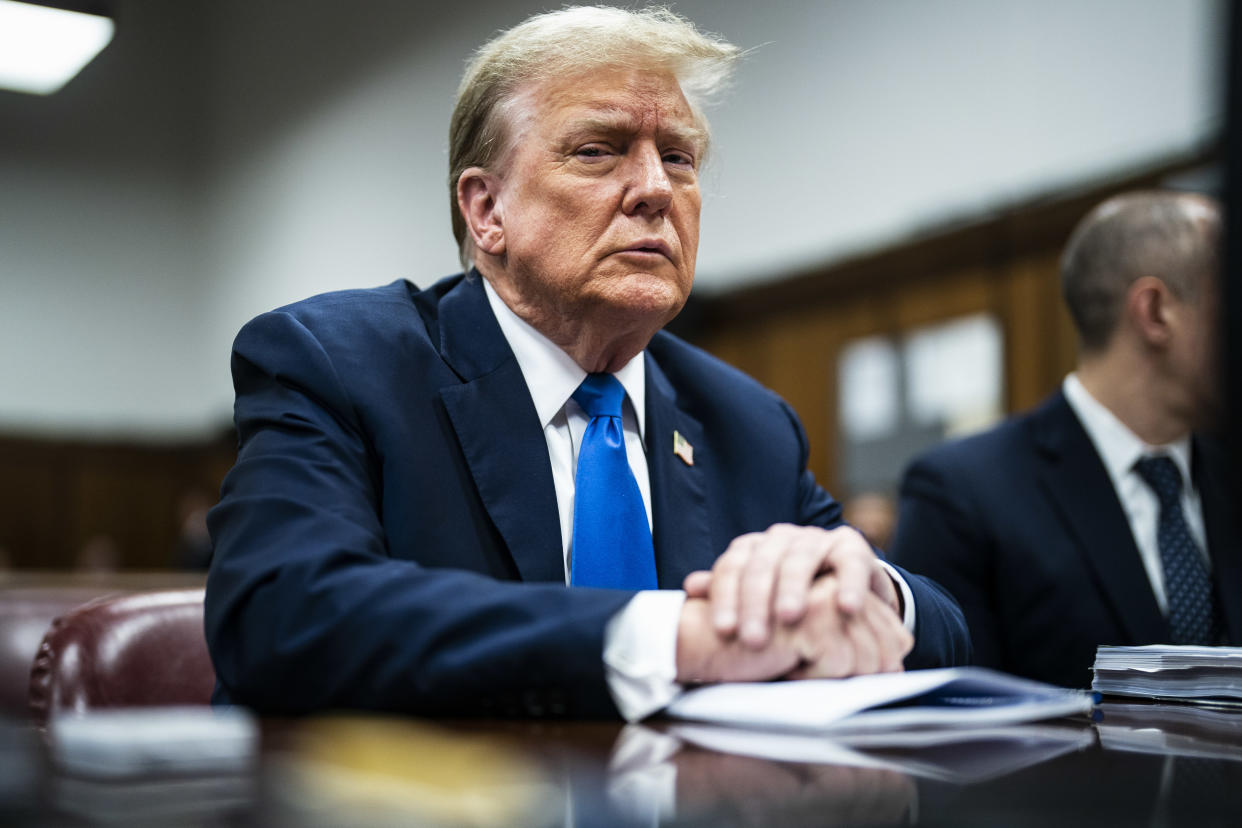 NEW YORK, NEW YORK - APRIL 18: Former U.S. President Donald Trump arrives for his criminal trial as jury selection continues at Manhattan Criminal Court on April 18, 2024 in New York City. Trump was charged with 34 counts of falsifying business records last year, which prosecutors say was an effort to hide a potential sex scandal, both before and after the 2016 presidential election. Trump is first former U.S. president to face trial on criminal charges. (Photo by Jabin Botsford-Pool/Getty Images)