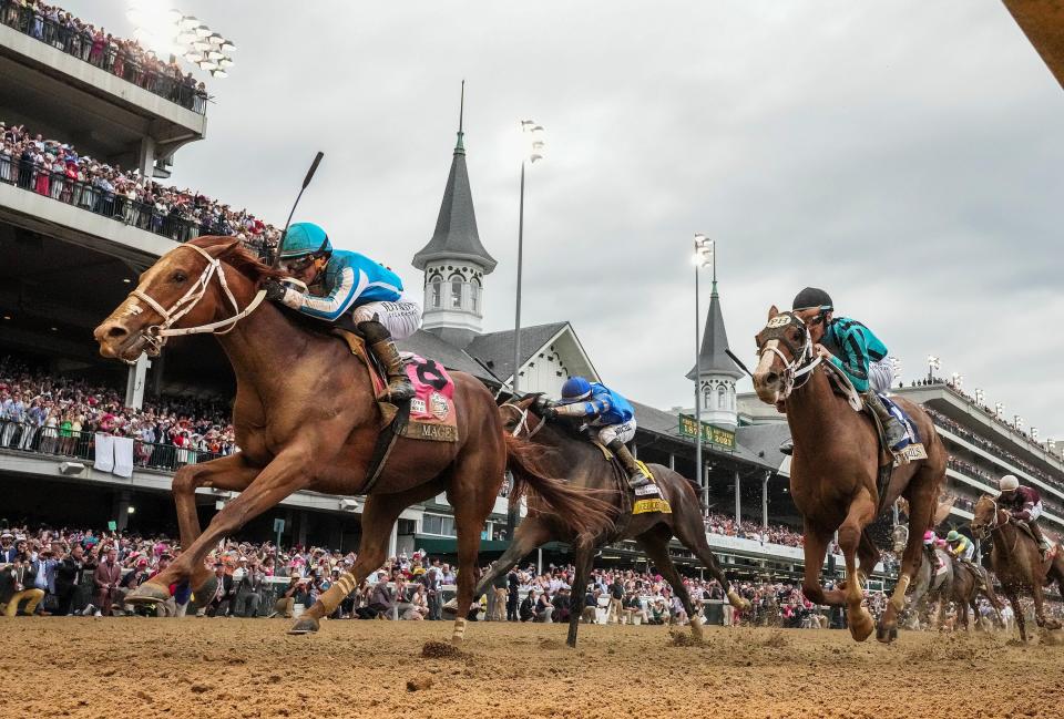 Mage, with Javier Castellano up, wins the 149th Running of the Kentucky Derby on May 6, 2023, at Churchill Downs.