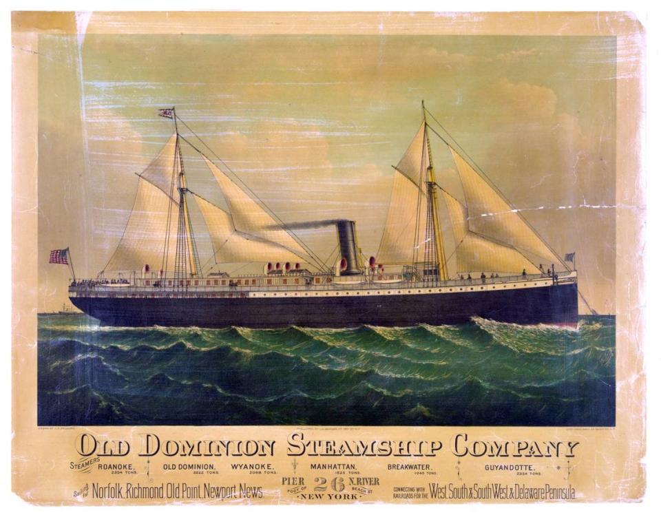 A print of a steamer, likely the Roanoke, then owned by the Old Dominion Steamship Company. Built in 1882, the steam ship sank near San Simeon in 1916 and 50 aboard died. There were only three survivors. Library of Congress