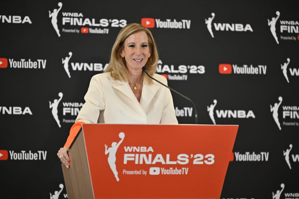 LAS VEGAS, NV - OCTOBER 8: WNBA Commissioner Cathy Engelbert addresses the media before Game 1 of the 2023 WNBA Finals on October 8, 2023 at the Michelob ULTRA Arena in Las Vegas, Nevada. NOTE TO USER: User expressly acknowledges and agrees that, by downloading and or using this photograph, User is consenting to the terms and conditions of the Getty Images License Agreement. Mandatory Copyright Notice: Copyright 2023 NBAE (Photo by David Becker/NBAE via Getty Images)