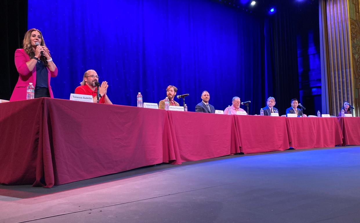 Redding City Council candidate Tenessa Audette gives her opening statement at Tuesday's forum at the Cascade Theatre.