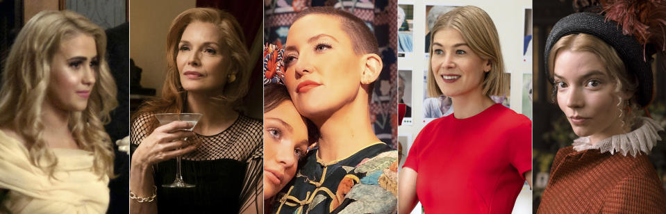 This combination photo shows Golden Globe nominees for best actress in a motion picture comedy/musical, from left, Maria Bakalova in "Borat Subsequent Moviefilm," Michelle Pfeiffer in "French Exit," Kate Hudson in "Music," Rosamund Pike in "I Care A Lot," and Anya Taylor-Joy in "Emma." (Amazon Studios, from left, Sony Pictures Classics, Vertical Entertainment, Netflix and Focus Features via AP)