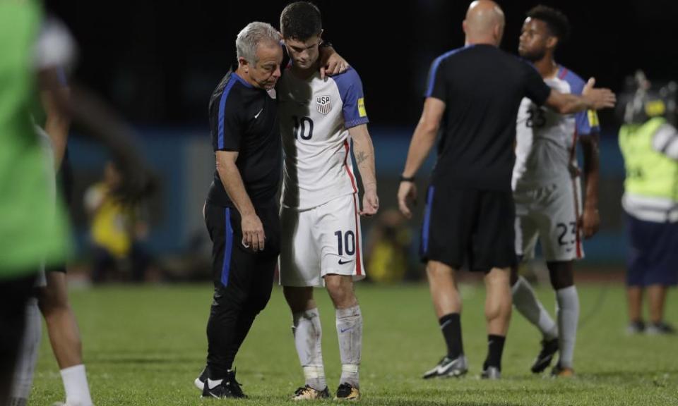 Christian Pulisic, US soccer’s brightest hope, is comforted after his team crashed out of World Cup qualifying last year