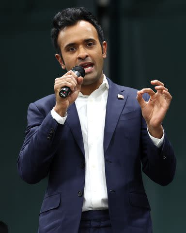 <p>Kevin Dietsch/Getty</p> Vivek Ramaswamy speaking at a January 2024 event