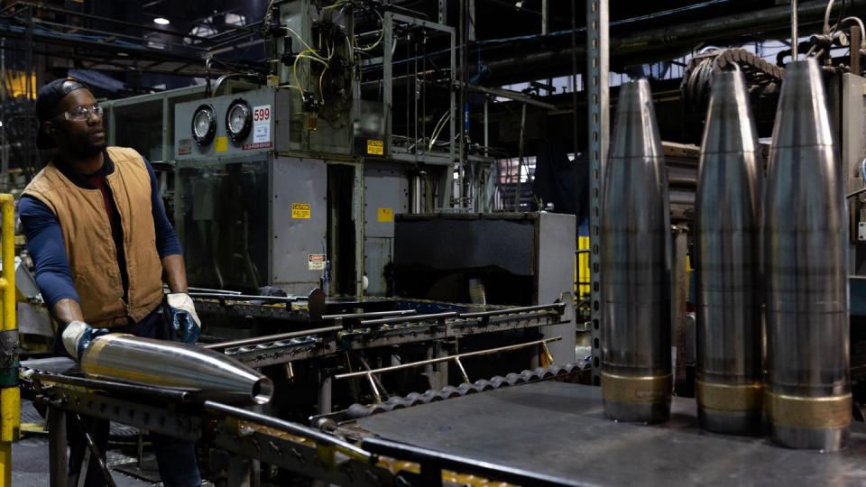 Artillery shells are inspected in the production shop at the Scranton Army Ammunition Plant on April 12, 2023, in Scranton, Pa. (Hannah Beier/Getty Images)