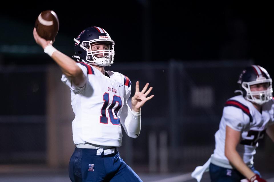 Central Bucks East quarterback Pat Keller throws the ball in the second quarter against Chambersburg during the Chambersburg Peach Bowl football showcase on Saturday, August 27, 2022.