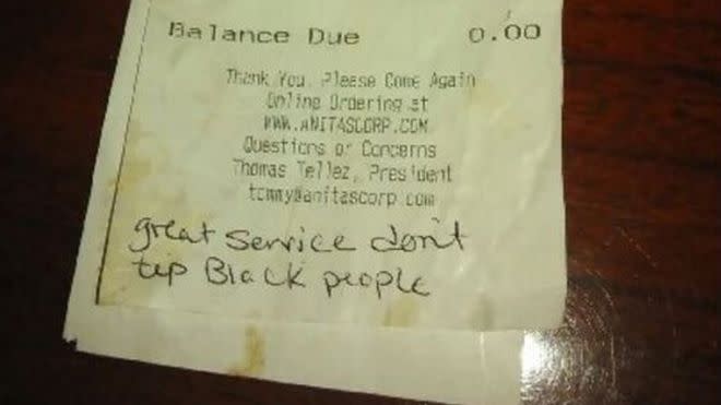 The racist note written on the receipt