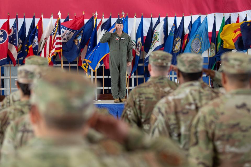 Members of the 53rd Wing render a first salute to Col. Daniel Lehoski, welcoming the new commander to the 53rd Wing during the change of command ceremony at Eglin Air Force Base, Florida, July 21, 2023. <em>U.S. Air Force photo by Mr. Dave Shelikoff</em>