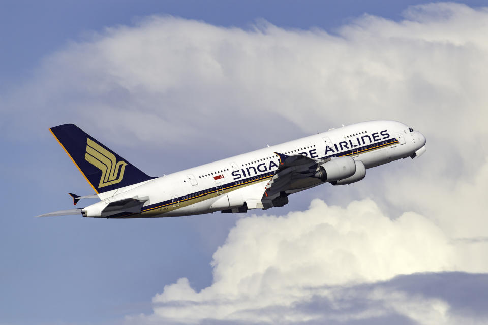Sydney, Australia - October 8, 2013: Singapore Airlines Airbus A380 (registration 9V-SKB) departing Sydney airport.