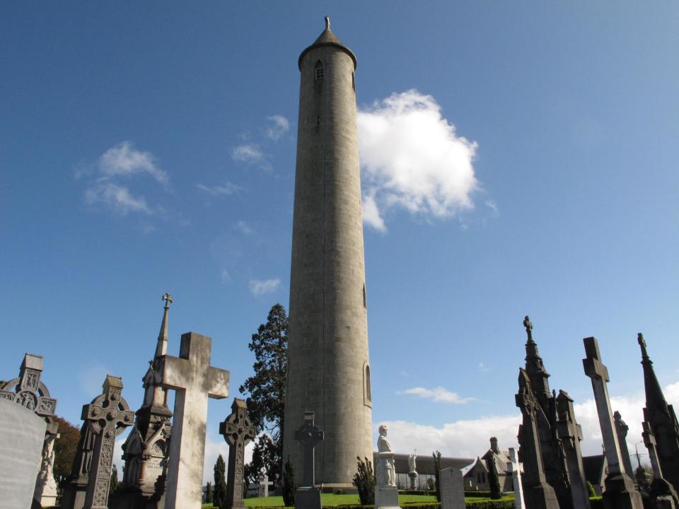 This May 13, 2013 photo shows the giant round tower above the grave of 19th Century Irish politician, Daniel O'Connell, who founded Glasnevin Cemetery in Dublin in 1832. The cemetery, steeped in Irish history, is hosting events related to The Gathering, a yearlong initiative to bring Irish emigrants and their descendants back to Ireland to celebrate their heritage. The cemetery's family events for clans (O'Neills, O'Donnells, O'Briens, etc.) include a walking tour, a museum visit and help in tracing kin. (AP Photo/Helen O'Neill)