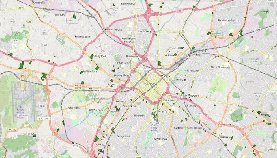 Since 2011, owners of some 380 building sites removed more trees than the rules allowed and paid the city a fee to conserve land elsewhere. Owners of the dark green parcels above were some of those who paid the fee. Many sit along heavily developed corridors.