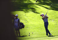 Tyler Duncan hits a fairway shot at the 10th hole during the first round of the CJ Cup golf tournament at Shadow Creek Golf Course, Thursday, Oct. 15, 2020, in North Las Vegas. (Chase Stevens/Las Vegas Review-Journal via AP)