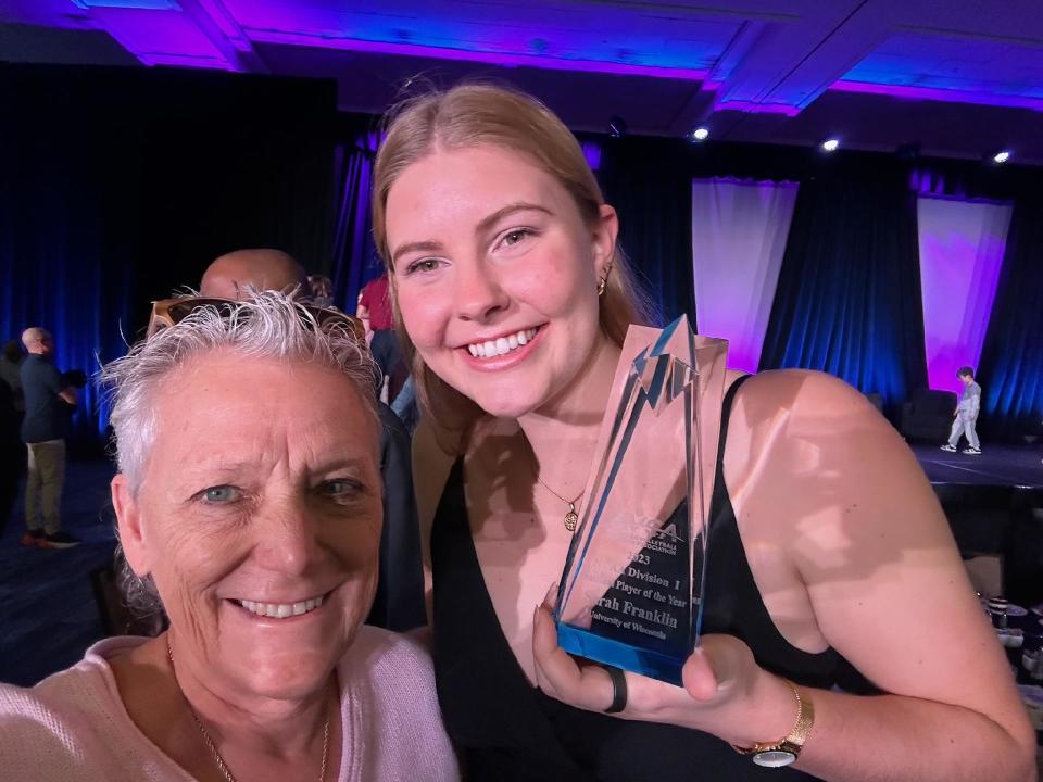 Lake Worth Christian head coach Terri Kaiser (left) with former player Sarah Franklin (right) after Franklin was named national player of the year for her efforts with Wisconsin in 2023.