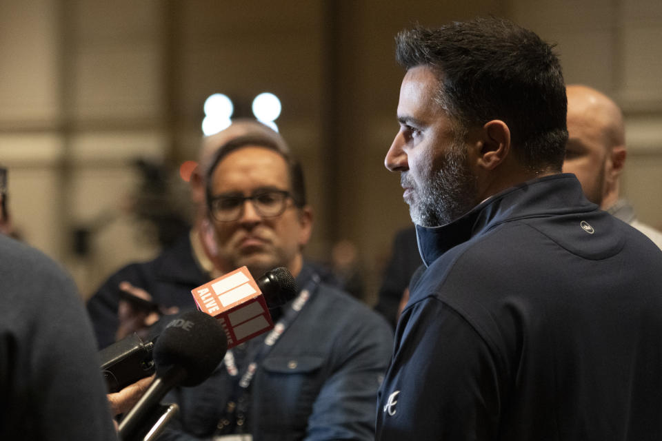 Atlanta Braves general manager Alex Anthopoulos responds to questions during the Major League Baseball winter meetings Tuesday, Dec. 5, 2023, in Nashville, Tenn. (AP Photo/George Walker IV)