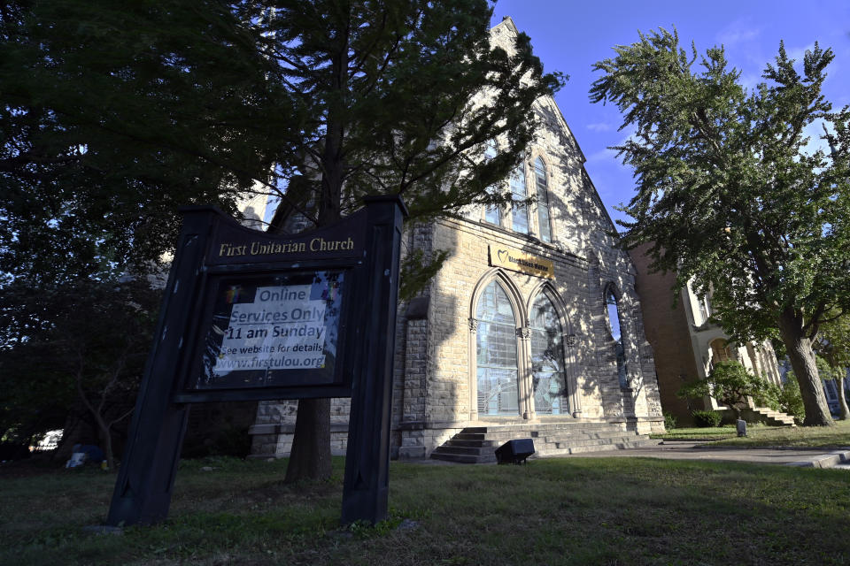 Exterior photo of the First Unitarian Church in is shown in Louisville, Ky., Wednesday, Sept. 30, 2020. The church has for months played a background role in the protest movement in a downtown square a mile away, dropping off ice, bandaging wounds. (AP Photo/Timothy D. Easley)