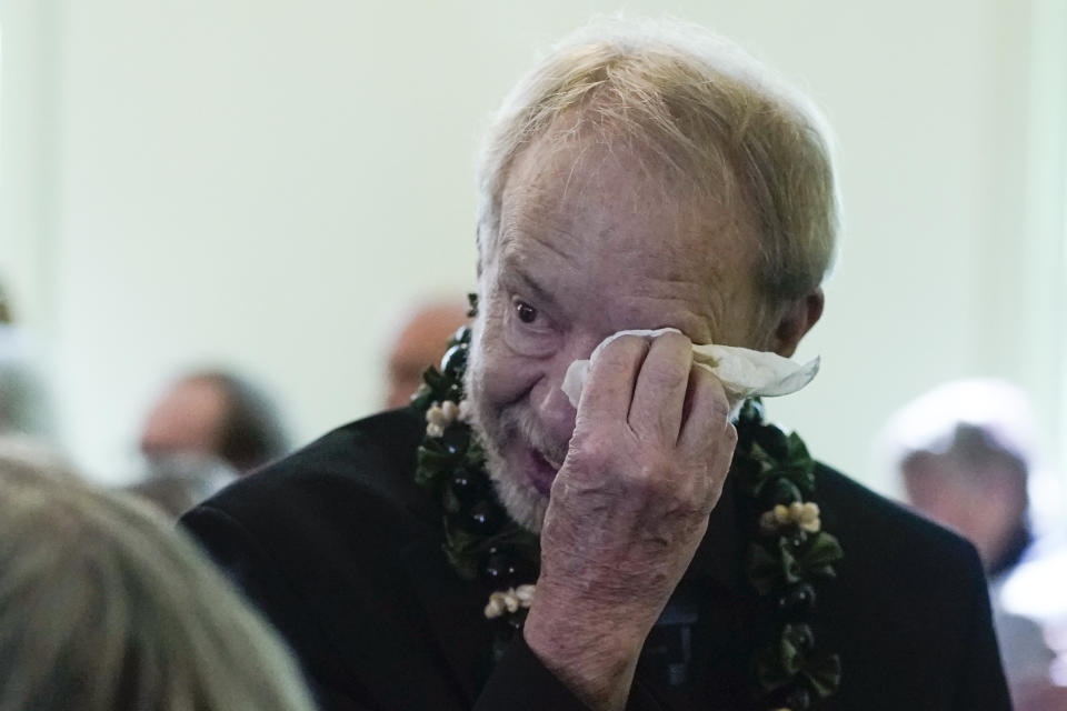 Jeff Carter cries as he leaves the funeral service for former first lady Rosalynn Carter at Maranatha Baptist Church, Wednesday, Nov. 29, 2023, in Plains, Ga. The former first lady died on Nov. 19. She was 96. (AP Photo/Alex Brandon, Pool)