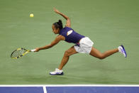 Leylah Fernandez, of Canada, returns a shot to Aryna Sabalenka,of Belarus, during the semifinals of the US Open tennis championships, Thursday, Sept. 9, 2021, in New York. (AP Photo/Frank Franklin II)