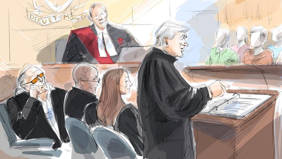 Peter Nygard, clockwise from bottom left, Justice Robert Goldstein, defence lawyer Brian Greenspan, the jury, Ana Serban and Neville Golwalla attend Nygard's sexual assault trial in Toronto on Tuesday, Nov. 7, 2023.