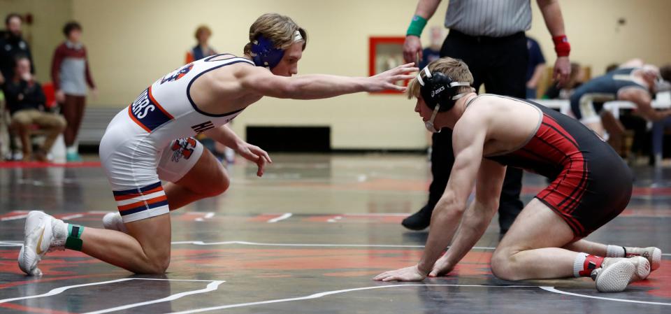 Harrison Carter Heriges wrestles Attica Boden Rice during the IHSAA wrestling sectionals meet, Saturday, Jan. 27, 2024, at Lafayette Jeff High School in Lafayette, Ind.