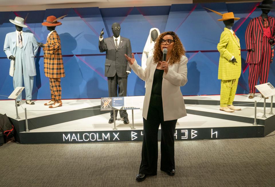 Oscar winning costume designer Ruth E. Carter takes a tour at the Charles H. Wright Museum of African American History in Detroit on Friday, Oct. 6, 2023 of an exhibit featuring her costume designs from movies early in her career like "Do the Right Thing" to the more recent "Black Panther."