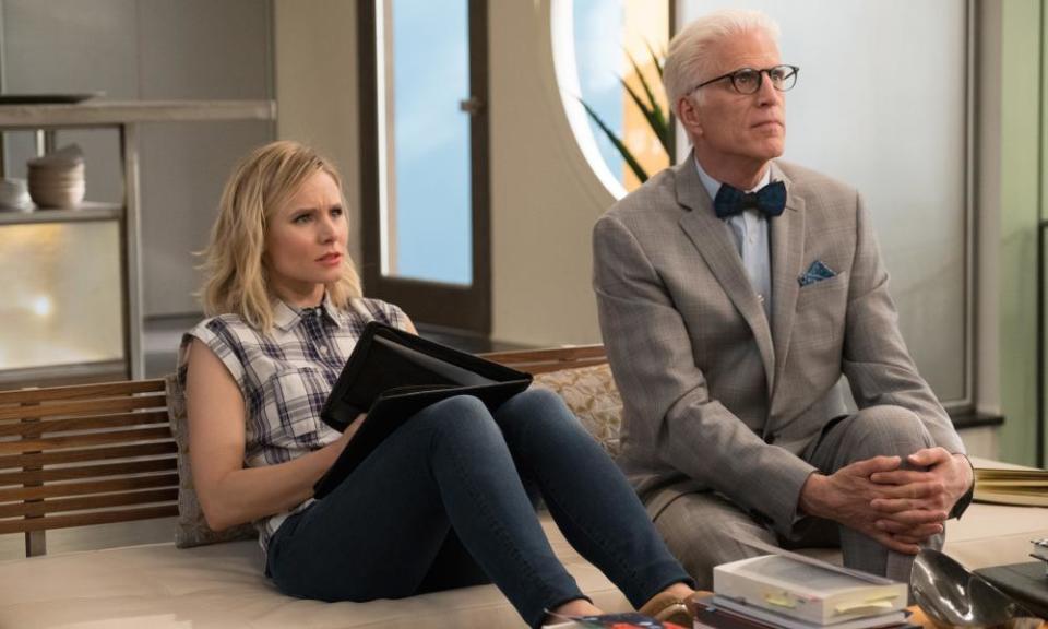 Kristen Bell as Eleanor and Ted Danson as Michael in The Good Place