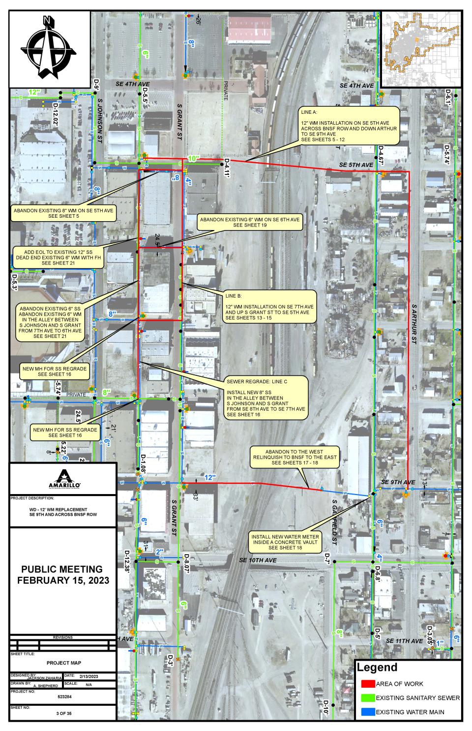 Map outlining the water main replacement project in downtown Amarillo.