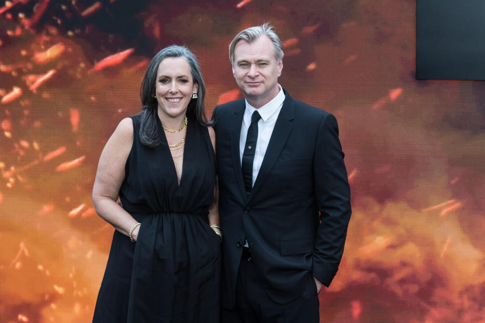 LONDON, UNITED KINGDOM - JULY 13: Producer Emma Thomas and director Christopher Nolan attend the UK premiere of 'Oppenheimer' at Odeon Luxe Leicester Square in London, United Kingdom on July 13, 2023. (Photo by Wiktor Szymanowicz/Anadolu Agency via Getty Images)