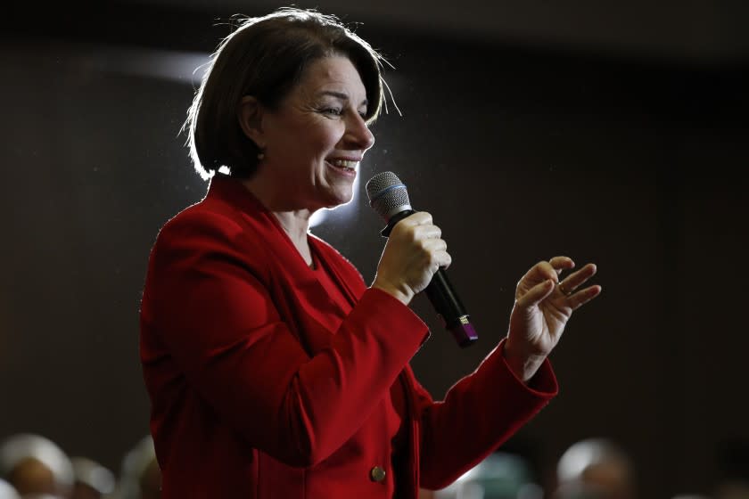 FILE - In this Feb. 29, 2020, file photo presumptive Democratic presidential candidate Sen. Amy Klobuchar, D-Minn., speaks at a rally in Portland, Maine. Klobuchar praises the presumptive Democratic presidential nominee Joe Biden on television and Twitter as she pushes her plan for an all-mail November election and responding to coronavirus in rural America. (AP Photo/Robert F. Bukaty, File)